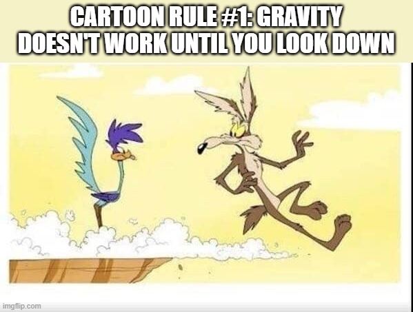 Cartoon Rules | CARTOON RULE #1: GRAVITY DOESN'T WORK UNTIL YOU LOOK DOWN | image tagged in cartoons,wile e coyote | made w/ Imgflip meme maker