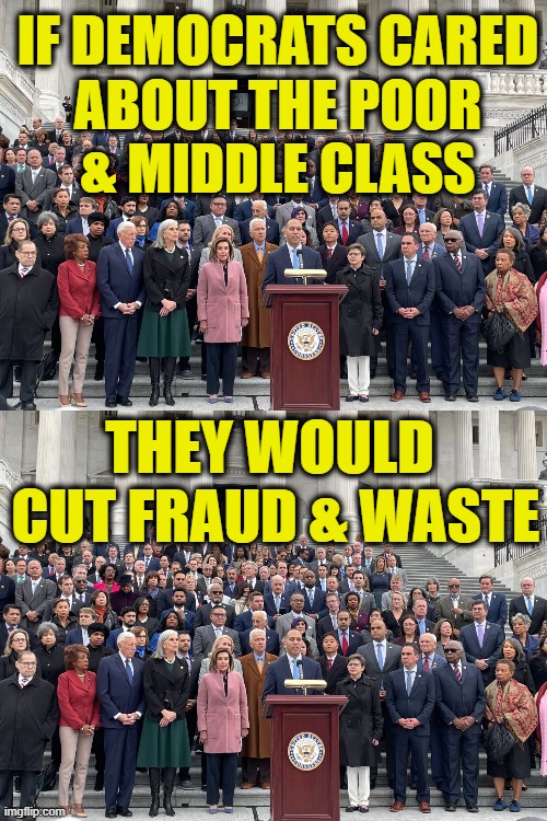 Corrupt to the core | IF DEMOCRATS CARED
ABOUT THE POOR
& MIDDLE CLASS; THEY WOULD 
CUT FRAUD & WASTE | image tagged in democrats | made w/ Imgflip meme maker