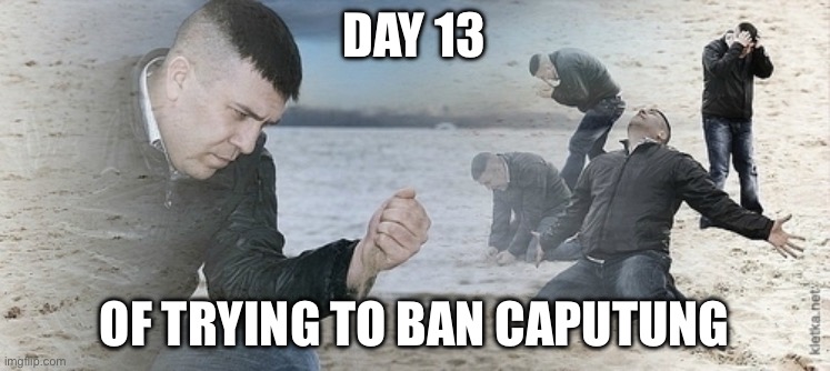 Idk what to put | DAY 13; OF TRYING TO BAN CAPUTUNG | image tagged in sad guy beach,banana | made w/ Imgflip meme maker