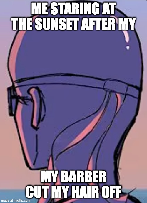 Bald polites | ME STARING AT THE SUNSET AFTER MY; MY BARBER CUT MY HAIR OFF | image tagged in bald polites | made w/ Imgflip meme maker