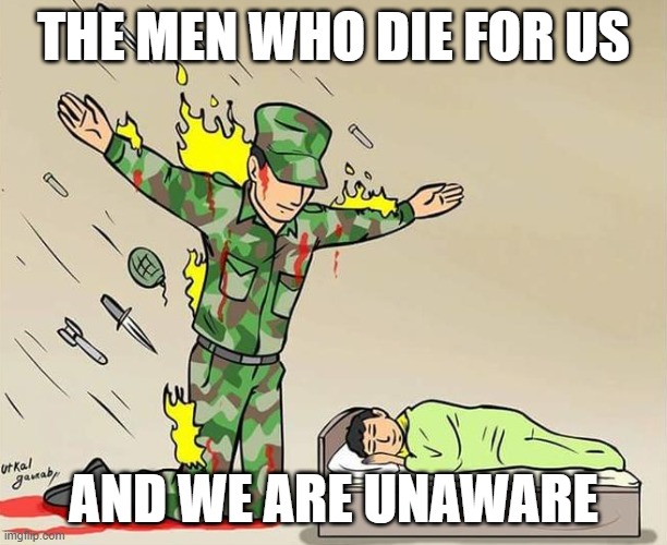 The people who die for our country | THE MEN WHO DIE FOR US; AND WE ARE UNAWARE | image tagged in the silent protector | made w/ Imgflip meme maker
