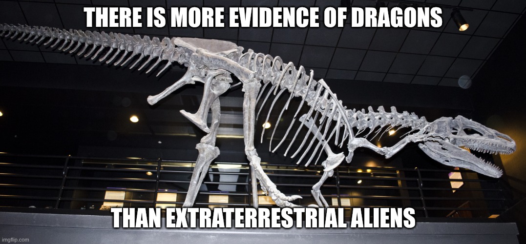 Every culture on earth knew about dinosaurs | THERE IS MORE EVIDENCE OF DRAGONS; THAN EXTRATERRESTRIAL ALIENS | image tagged in big al,dragons,dinosaurs | made w/ Imgflip meme maker