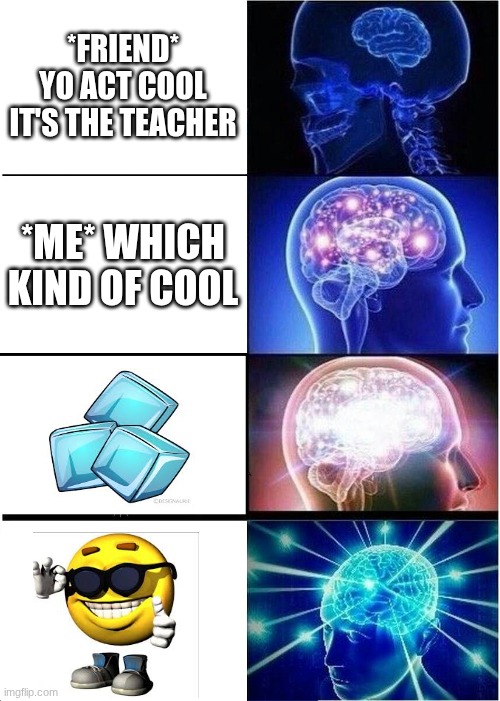 Too many words with the same kind of meanings | *FRIEND* YO ACT COOL IT'S THE TEACHER; *ME* WHICH KIND OF COOL | image tagged in memes,expanding brain | made w/ Imgflip meme maker