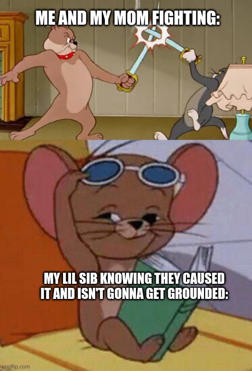 frrrr | ME AND MY MOM FIGHTING:; MY LIL SIB KNOWING THEY CAUSED IT AND ISN'T GONNA GET GROUNDED: | image tagged in tom and jerry swordfight | made w/ Imgflip meme maker