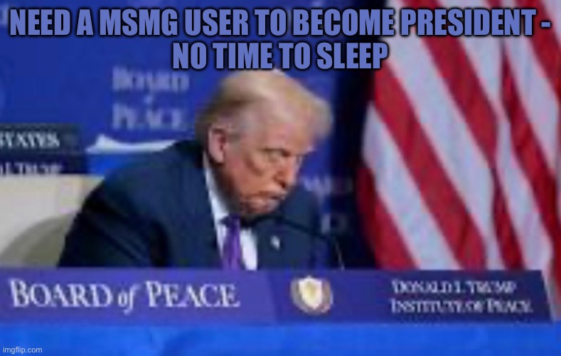 NEED A MSMG USER TO BECOME PRESIDENT -
NO TIME TO SLEEP | made w/ Imgflip meme maker