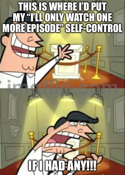 THIS IS WHERE I’D PUT MY “I’LL ONLY WATCH ONE MORE EPISODE” SELF-CONTROL | THIS IS WHERE I’D PUT MY “I’LL ONLY WATCH ONE MORE EPISODE” SELF-CONTROL; IF I HAD ANY!!! | image tagged in memes,this is where i'd put my trophy if i had one,netflix,netflix and chill,schedule meme,sleep | made w/ Imgflip meme maker