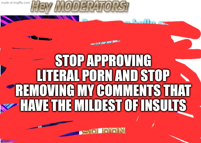 Hey Moderators! | STOP APPROVING LITERAL PORN AND STOP REMOVING MY COMMENTS THAT HAVE THE MILDEST OF INSULTS | image tagged in hey moderators | made w/ Imgflip meme maker