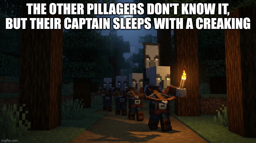 Pillager Patrol | THE OTHER PILLAGERS DON'T KNOW IT, BUT THEIR CAPTAIN SLEEPS WITH A CREAKING | image tagged in pillager patrol | made w/ Imgflip meme maker