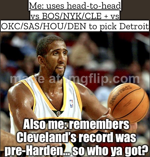 When you cherry-pick the matchup stats…; …and still gotta add: “Cleveland record was pre‑Harden—who ya got?” | Me: uses head-to-head vs BOS/NYK/CLE + vs OKC/SAS/HOU/DEN to pick Detroit; Also me: remembers Cleveland’s record was pre-Harden… so who ya got? | image tagged in nba,basketball meme,basketball,analysis,sports fans,sports | made w/ Imgflip meme maker