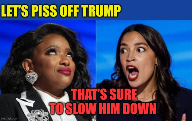 Democrats are running out of ideas to stop President Trump | LET’S PISS OFF TRUMP; THAT’S SURE TO SLOW HIM DOWN | image tagged in jasmine and aoc,president trump,trump administration,maga,success | made w/ Imgflip meme maker