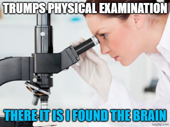 Scientist Microscope | TRUMPS PHYSICAL EXAMINATION; THERE IT IS I FOUND THE BRAIN | image tagged in scientist microscope | made w/ Imgflip meme maker