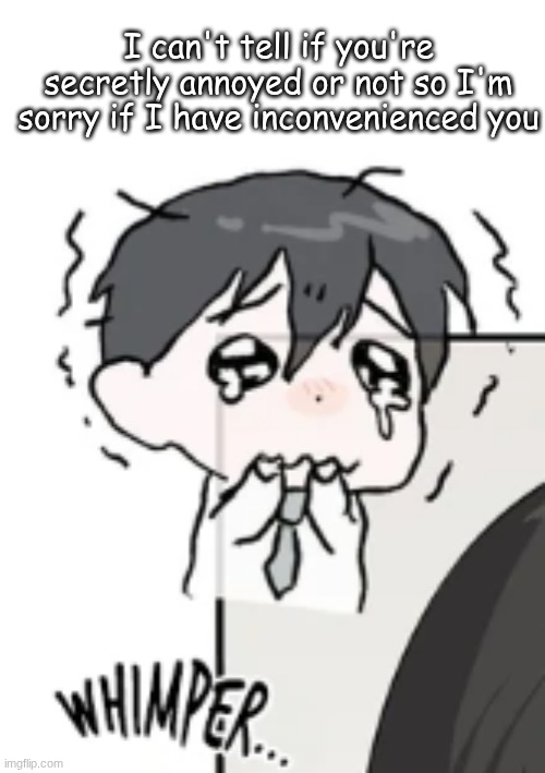 whimper | I can't tell if you're secretly annoyed or not so I'm sorry if I have inconvenienced you | image tagged in whimper | made w/ Imgflip meme maker