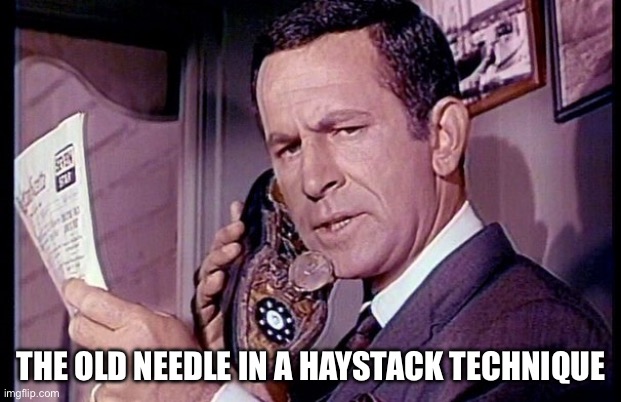 Maxwell Smart | THE OLD NEEDLE IN A HAYSTACK TECHNIQUE | image tagged in maxwell smart | made w/ Imgflip meme maker