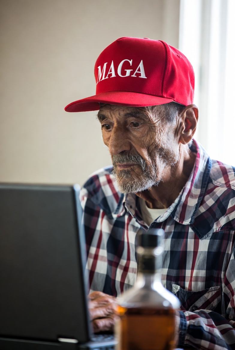 Elderly MAGA man laptop whiskey bottle Blank Meme Template