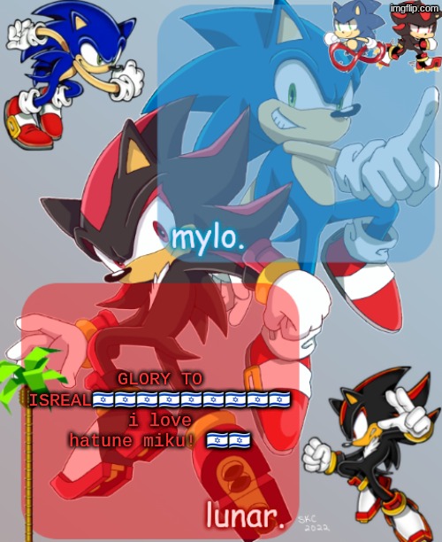 shared sonic and shadow temp | GLORY TO ISREAL🇮🇱🇮🇱🇮🇱🇮🇱🇮🇱🇮🇱🇮🇱🇮🇱🇮🇱 i love hatune miku! 🇮🇱🇮🇱 | image tagged in shared sonic and shadow temp | made w/ Imgflip meme maker