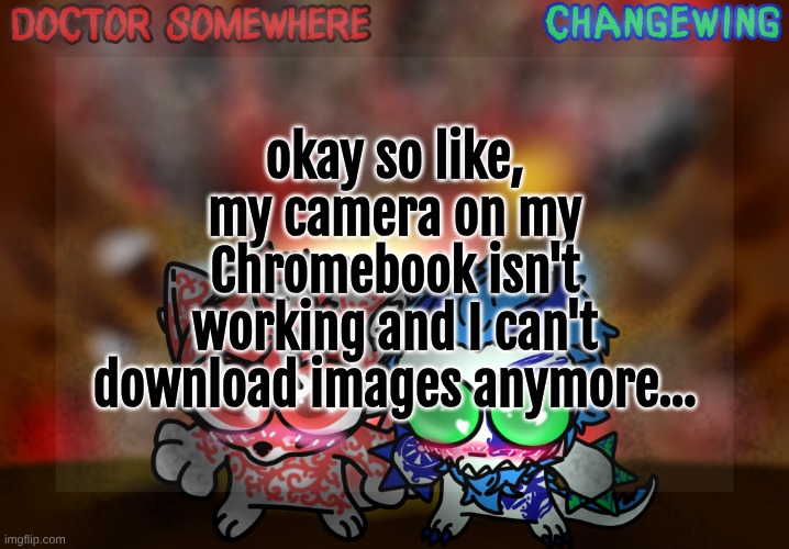 Doctor Somewhere & Changewing Shared Template | okay so like, my camera on my Chromebook isn't working and I can't download images anymore... | image tagged in doctor somewhere changewing shared template | made w/ Imgflip meme maker