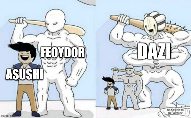 Bigger monster | DAZI; FEOYDOR; ASUSHI | image tagged in bigger monster | made w/ Imgflip meme maker
