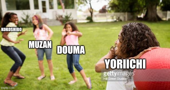 he wolud totally like to beat them all up | KOKOSHIBO; MUZAN; DOUMA; YORIICHI | image tagged in imminent dodgeball,demon slayer | made w/ Imgflip meme maker