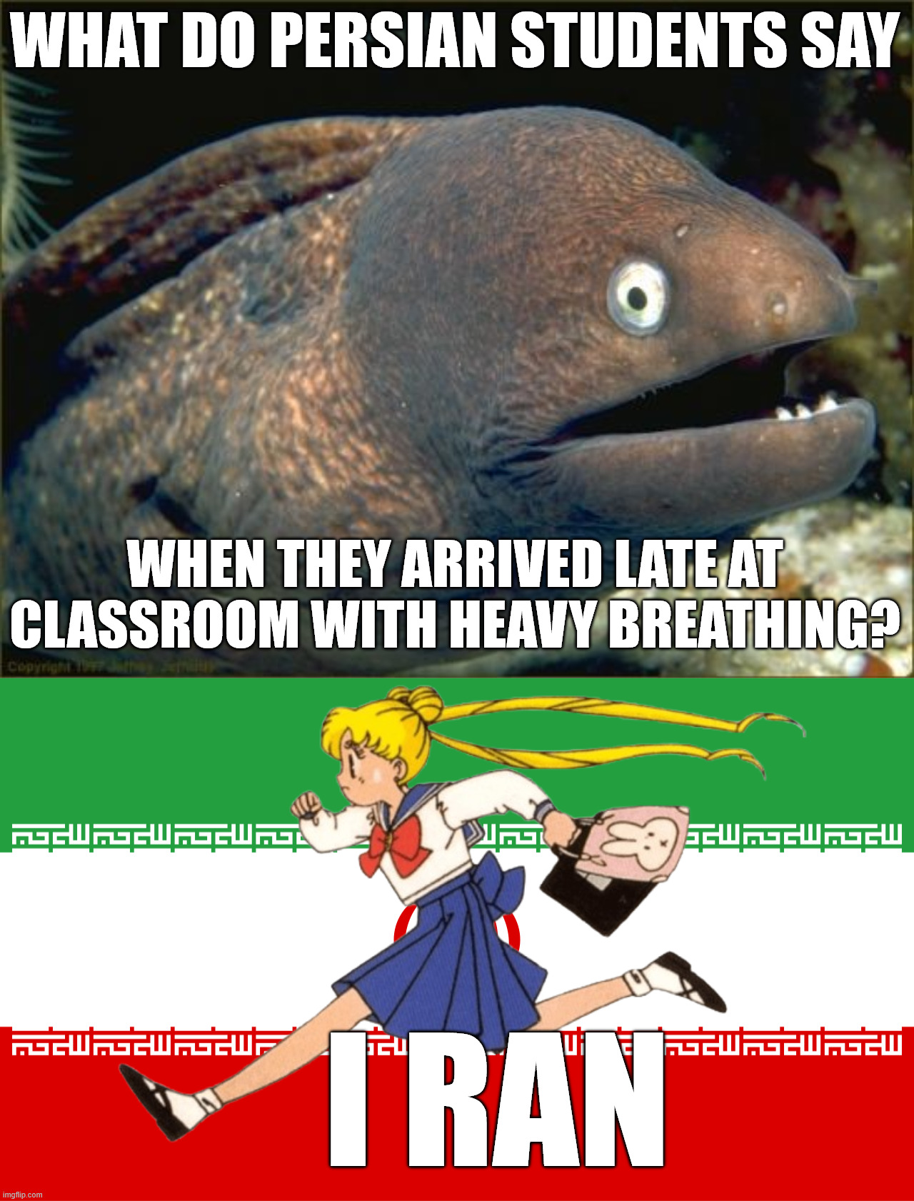 "Why did you come late?" | WHAT DO PERSIAN STUDENTS SAY; WHEN THEY ARRIVED LATE AT CLASSROOM WITH HEAVY BREATHING? I RAN | image tagged in memes,bad joke eel,classroom,iran,bad pun,bruh | made w/ Imgflip meme maker