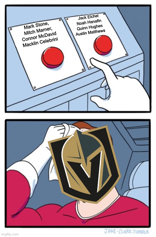 Two Buttons Meme | Jack Eichel
Noah Hanafin
Quinn Hughes
Austin Matthews; Mark Stone, 
Mitch Marner,
Connor McDavid
Macklin Celebrini | image tagged in memes,two buttons | made w/ Imgflip meme maker