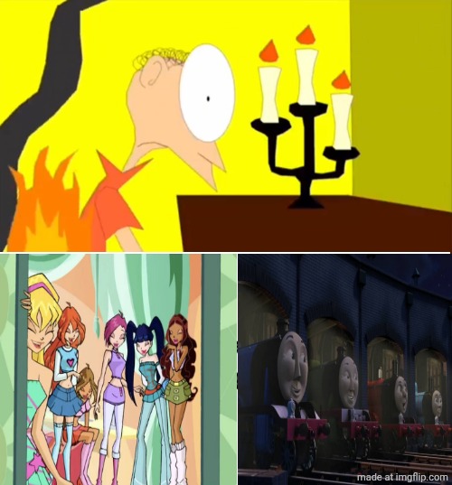 the big engines and the winx laughs at Matthew's clothes on fire?!?! | image tagged in who laughs at matthew's clothes on fire,deviantart,crossover,thomas the tank engine,pbs kids,pbs | made w/ Imgflip meme maker