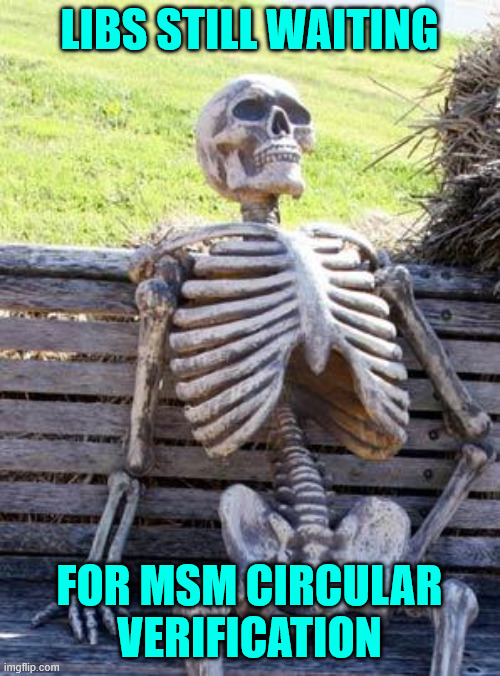 Waiting Skeleton Meme | LIBS STILL WAITING FOR MSM CIRCULAR VERIFICATION | image tagged in memes,waiting skeleton | made w/ Imgflip meme maker