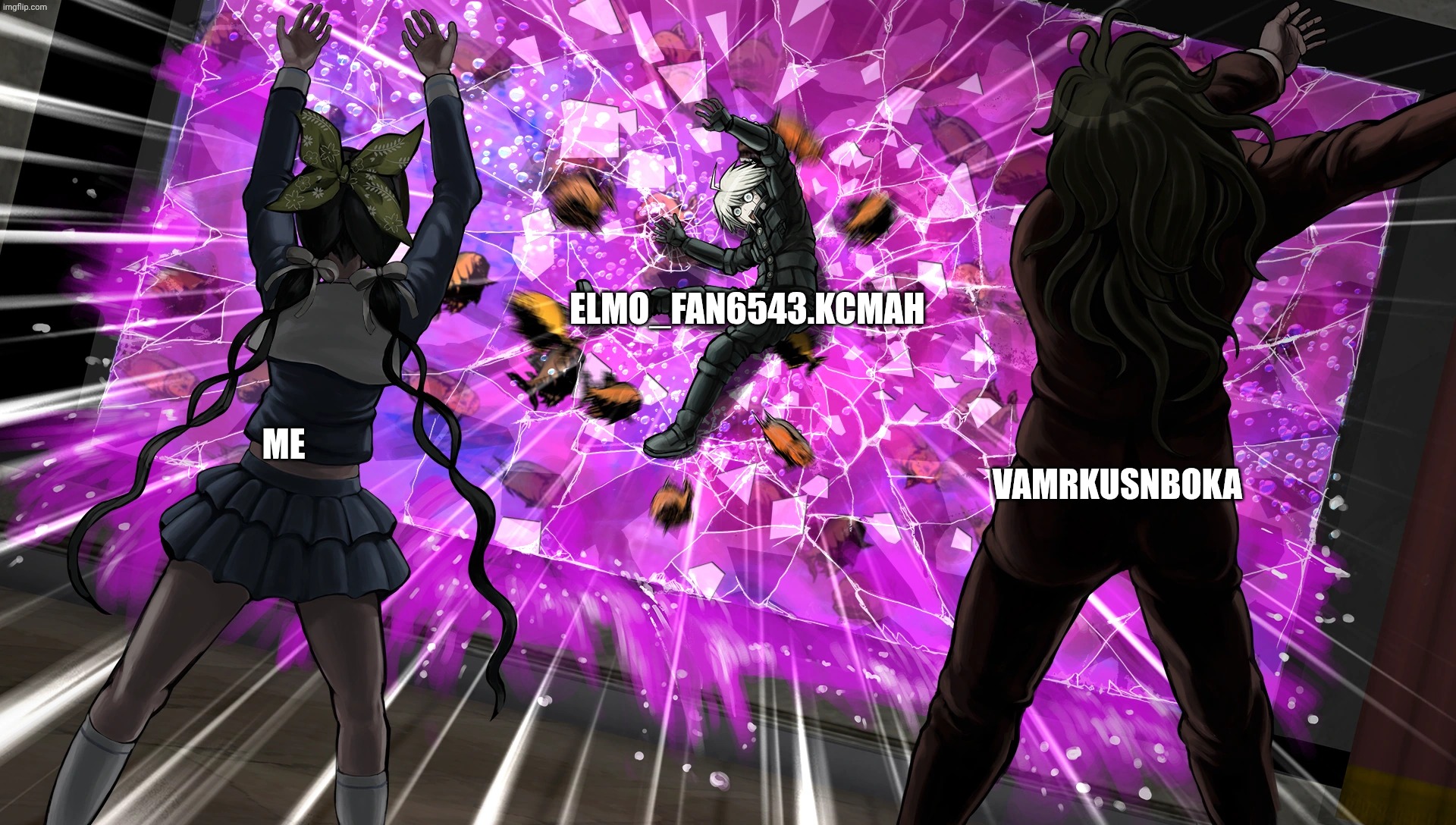 Me and vaMrkusnBoka throw Elmo_fan6543.kcmah at glass | ELMO_FAN6543.KCMAH; VAMRKUSNBOKA; ME | image tagged in gonta and tenko throw k1-bo at glass,deviantart,crossover,anime | made w/ Imgflip meme maker