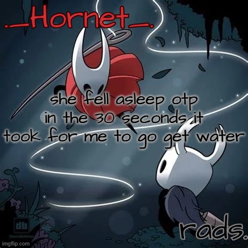 Hornet and Radium temp | she fell asleep otp in the 30 seconds it took for me to go get water | image tagged in hornet and radium temp | made w/ Imgflip meme maker