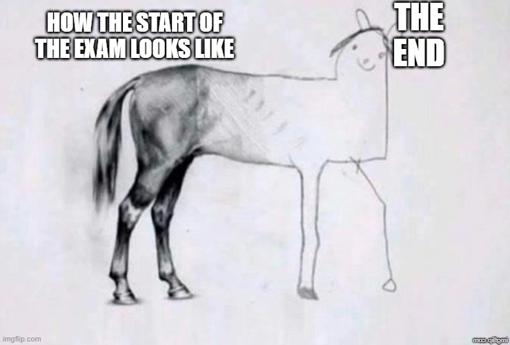 exams | THE END; HOW THE START OF THE EXAM LOOKS LIKE | image tagged in horse drawing | made w/ Imgflip meme maker