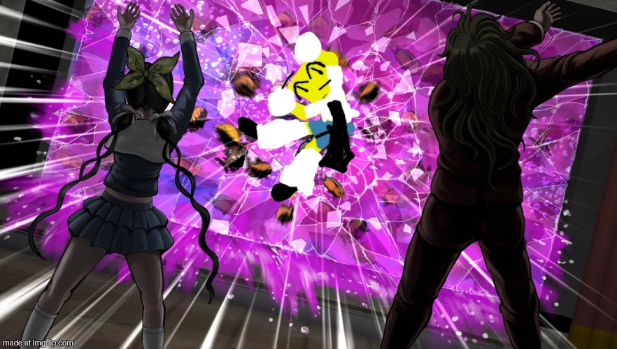 Gonta and Tenko throw K1-bo at glass | image tagged in gonta and tenko throw k1-bo at glass | made w/ Imgflip meme maker