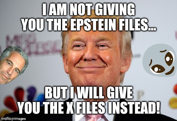 Not the Epstein files this time | I AM NOT GIVING YOU THE EPSTEIN FILES... BUT I WILL GIVE YOU THE X FILES INSTEAD! | image tagged in donald trump,trump,maga,jeffrey epstein,epstein,nevertrump | made w/ Imgflip meme maker