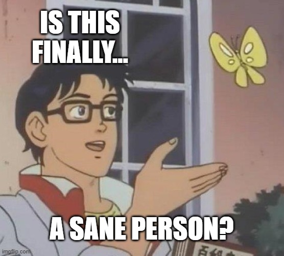 Is This A Pigeon Meme | IS THIS FINALLY... A SANE PERSON? | image tagged in memes,is this a pigeon | made w/ Imgflip meme maker