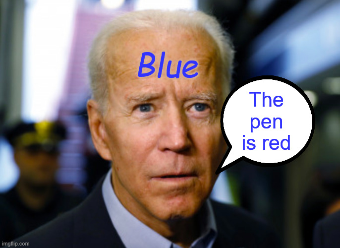 Joe Biden confused | Blue The pen is red | image tagged in joe biden confused | made w/ Imgflip meme maker