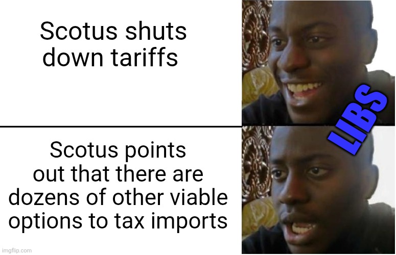 Disappointed Black Guy | Scotus shuts down tariffs; LIBS; Scotus points out that there are dozens of other viable options to tax imports | image tagged in disappointed black guy | made w/ Imgflip meme maker