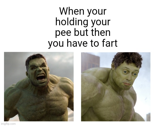 Hulk angry then realizes he's wrong | When your holding your pee but then you have to fart | image tagged in memes,relatable,funny,dank memes,marvel,so true memes | made w/ Imgflip meme maker