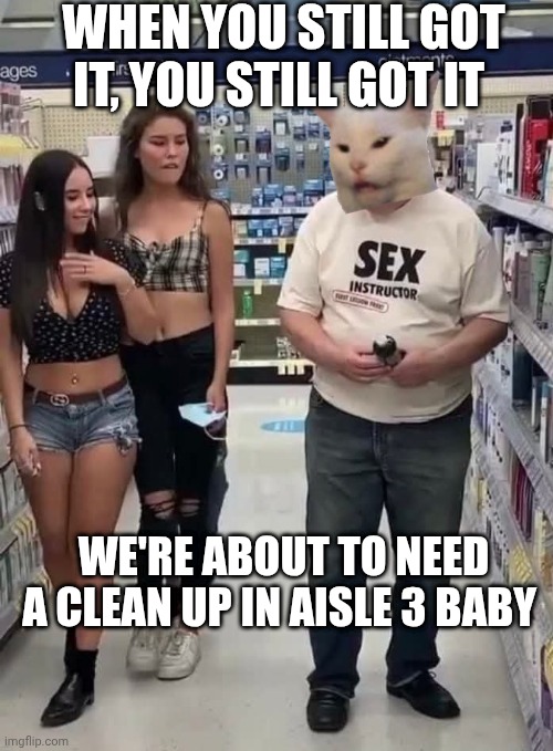 WHEN YOU STILL GOT IT, YOU STILL GOT IT; WE'RE ABOUT TO NEED A CLEAN UP IN AISLE 3 BABY | image tagged in smudge that darn cat | made w/ Imgflip meme maker