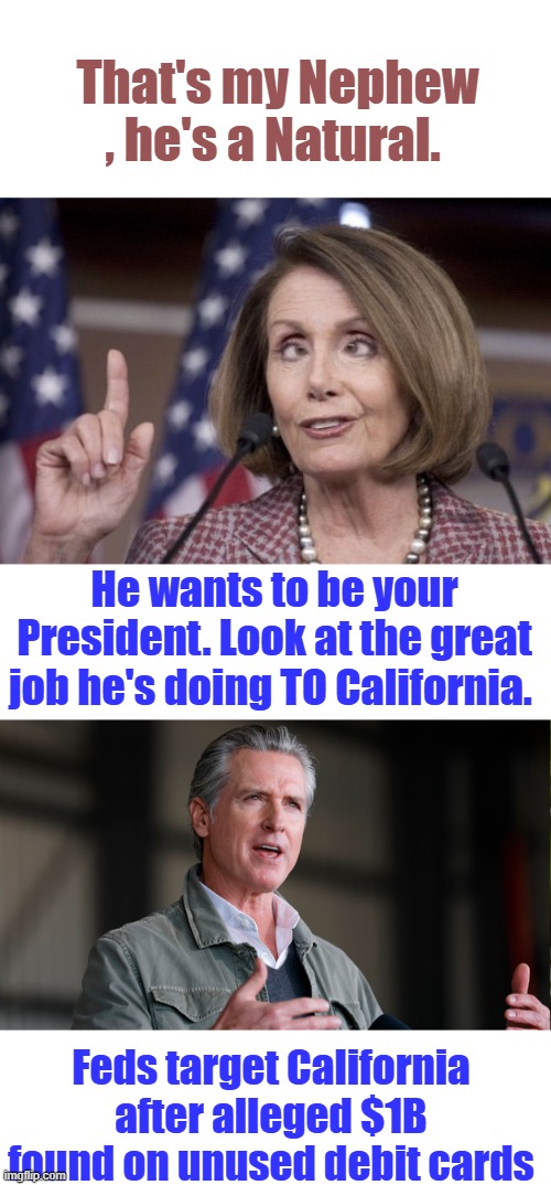 Dems stole so much, its just sitting around for later use. | That's my Nephew , he's a Natural. He wants to be your President. Look at the great job he's doing TO California. Feds target California after alleged $1B found on unused debit cards | image tagged in nancy pelosi | made w/ Imgflip meme maker