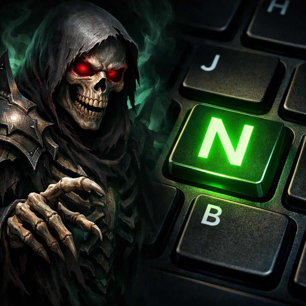 Evil skeleton next to a keyboard key with the highlighted "n" ke Blank Meme Template