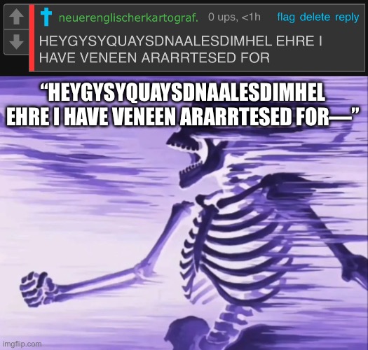 bro got vaporized mid sentence | “HEYGYSYQUAYSDNAALESDIMHEL EHRE I HAVE VENEEN ARARRTESED FOR—” | image tagged in skeleton getting absolutely obliterated | made w/ Imgflip meme maker