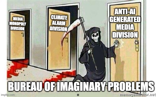 Grim Reaper and the Bureau of Imaginary Problems | ANTI-AI GENERATED MEDIA DIVISION; MEDIA MONOPOLY DIVISION; CLIMATE ALARM DIVISION; BUREAU OF IMAGINARY PROBLEMS | image tagged in grim reaper knocking door,bureau of imaginary problems,ai,ai art,climate | made w/ Imgflip meme maker