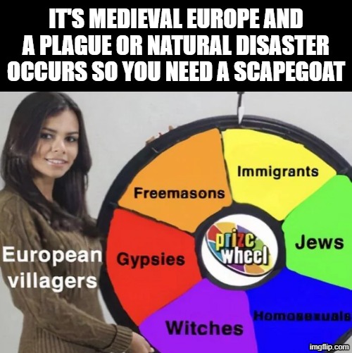 Choose Your Scapegoat | IT'S MEDIEVAL EUROPE AND A PLAGUE OR NATURAL DISASTER OCCURS SO YOU NEED A SCAPEGOAT | image tagged in history memes | made w/ Imgflip meme maker