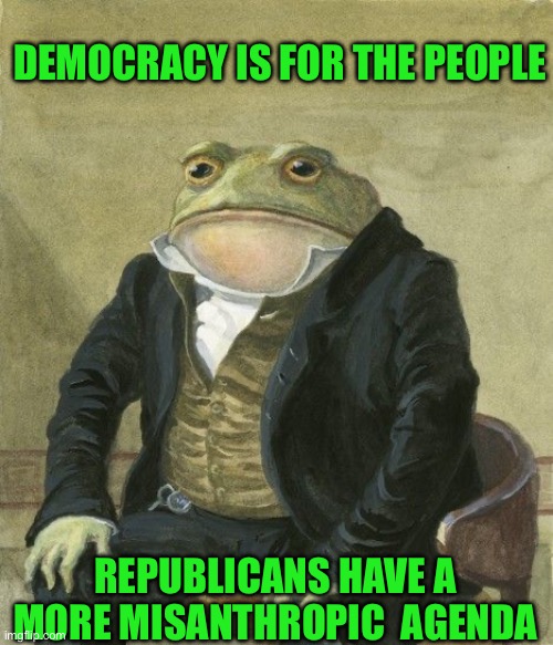 Gentleman frog | DEMOCRACY IS FOR THE PEOPLE; REPUBLICANS HAVE A MORE MISANTHROPIC  AGENDA | image tagged in gentleman frog | made w/ Imgflip meme maker