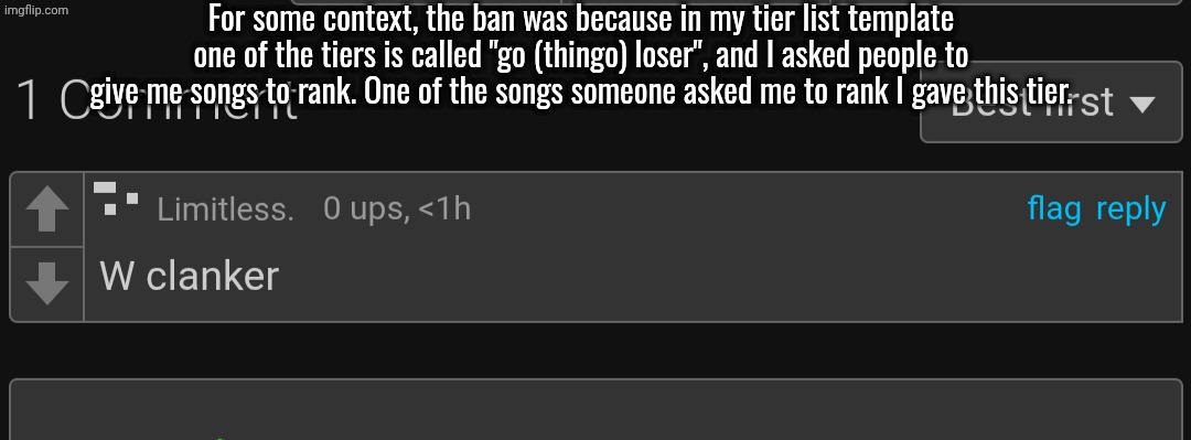 For some context, the ban was because in my tier list template one of the tiers is called "go (thingo) loser", and I asked people to give me songs to rank. One of the songs someone asked me to rank I gave this tier. | made w/ Imgflip meme maker