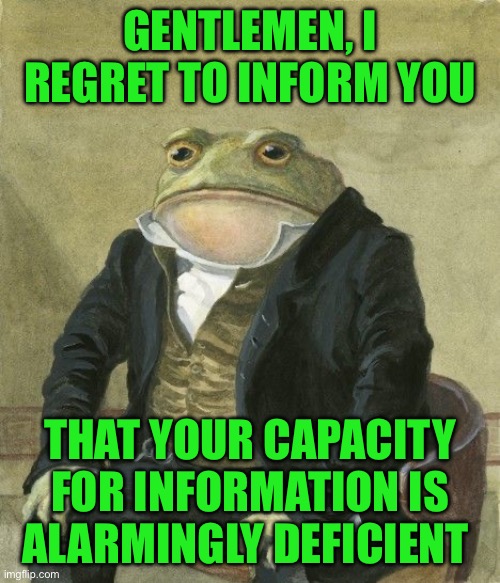 Gentleman frog | GENTLEMEN, I REGRET TO INFORM YOU; THAT YOUR CAPACITY FOR INFORMATION IS ALARMINGLY DEFICIENT | image tagged in gentleman frog | made w/ Imgflip meme maker