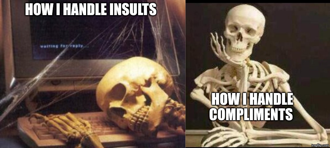 HOW I HANDLE INSULTS; HOW I HANDLE COMPLIMENTS | image tagged in skeleton computer,skeleton waiting | made w/ Imgflip meme maker