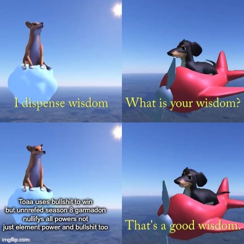 Wisdom dog | Toaa uses bullshit to win but unnrefed season 8 garmadon nullifys all powers not just element power and bullshit too | image tagged in wisdom dog | made w/ Imgflip meme maker