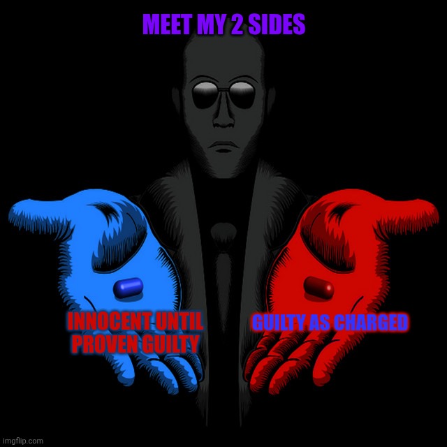 2 sides | MEET MY 2 SIDES; GUILTY AS CHARGED; INNOCENT UNTIL PROVEN GUILTY | image tagged in personality | made w/ Imgflip meme maker