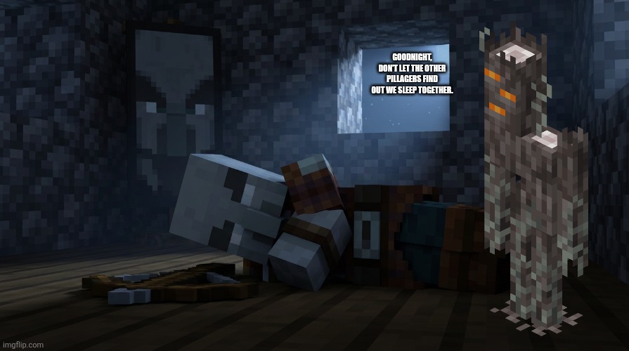 Pillager That Is An Illager Captain Sleeping | GOODNIGHT, DON'T LET THE OTHER PILLAGERS FIND OUT WE SLEEP TOGETHER. | image tagged in pillager that is an illager captain sleeping | made w/ Imgflip meme maker