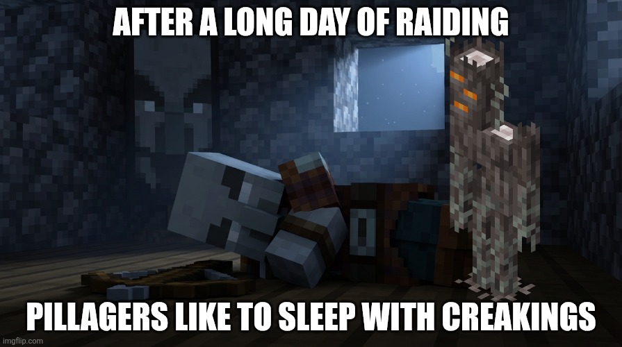 Pillager That Is An Illager Captain Sleeping | AFTER A LONG DAY OF RAIDING; PILLAGERS LIKE TO SLEEP WITH CREAKINGS | image tagged in pillager that is an illager captain sleeping | made w/ Imgflip meme maker