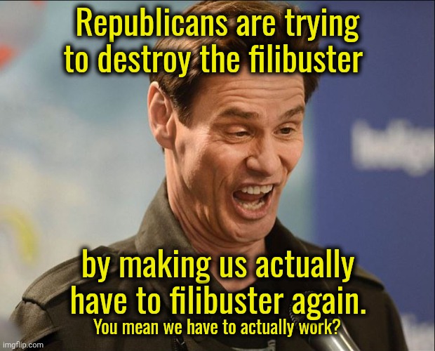 Restoring the filibuster back to the way it was is NOT destroying the filibuster.  It means Congressmen actually have to work. | Republicans are trying to destroy the filibuster; by making us actually have to filibuster again. You mean we have to actually work? | image tagged in doofus,filibuster,lazy democrats | made w/ Imgflip meme maker